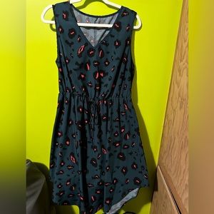 Bluish green sleeveless dress with pink leopard print